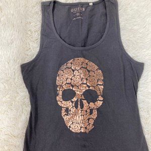 Guess gold rose skull gray grey tank top M